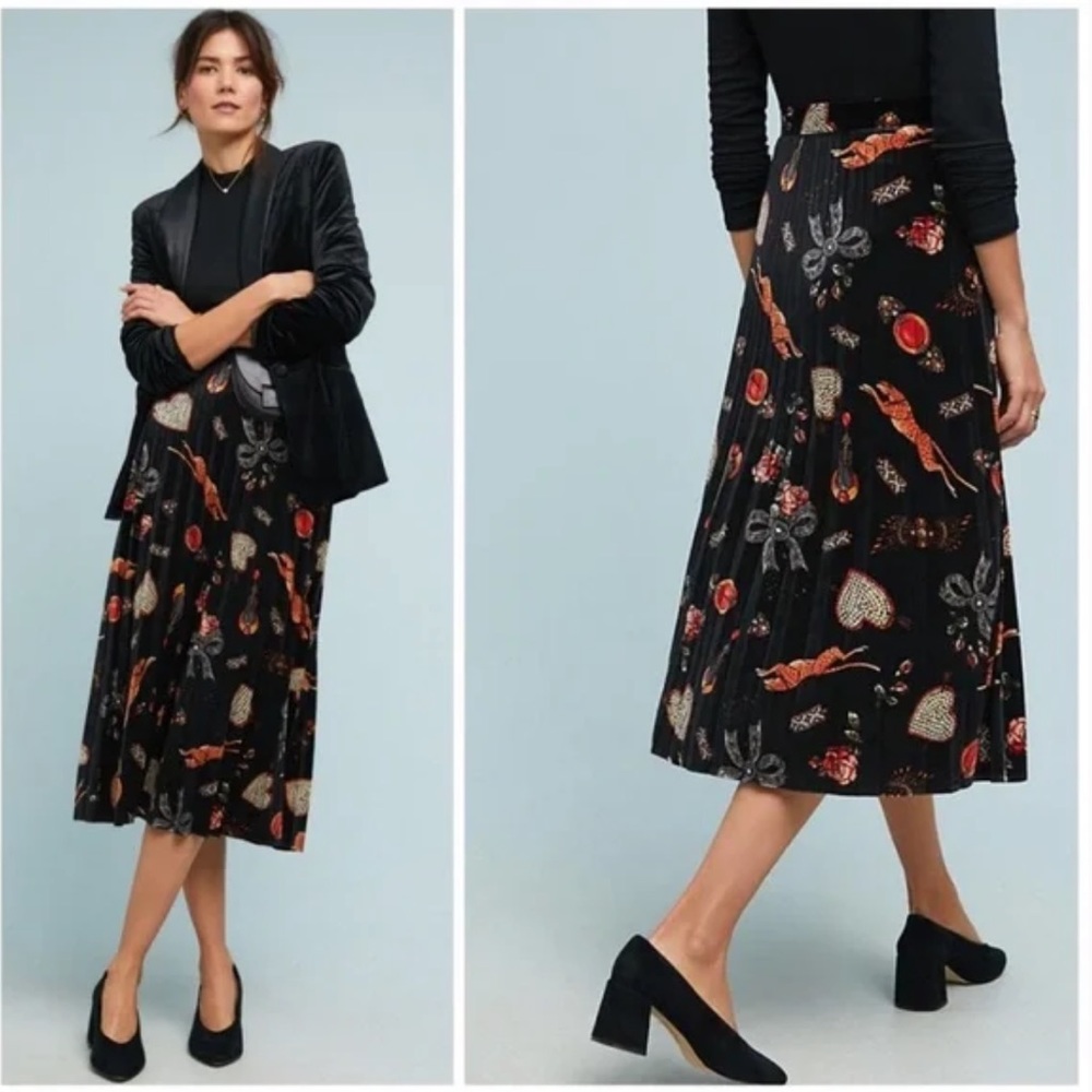 Anthropologie Maeve Montparnasse Skirt Velvet Bows Hearts Leopard Novelty Small